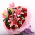 19朵红色康乃馨，2枝粉百合（不少于6朵），白色满天星间插点缀，粉色瓦楞纸包装，粉色网纱外围包装，紫色丝带拉花，