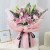 4朵粉红雪山, 5枝多头粉百合(不少于15个花头,至少盛开4朵),白色相思梅、紫色小雏菊、尤加利间插丰满,白色雪梨纸内衬,粉色雾面纸外围包装,黑色英文丝带蝴蝶结束扎,
